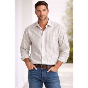 Joseph A. Banks Men's Shirt Red, Blue And White Stripes Long Sleeve Cotton